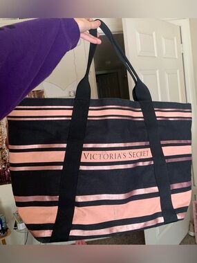 Victoria's Secret Black and Pink Striped Canvas Tote